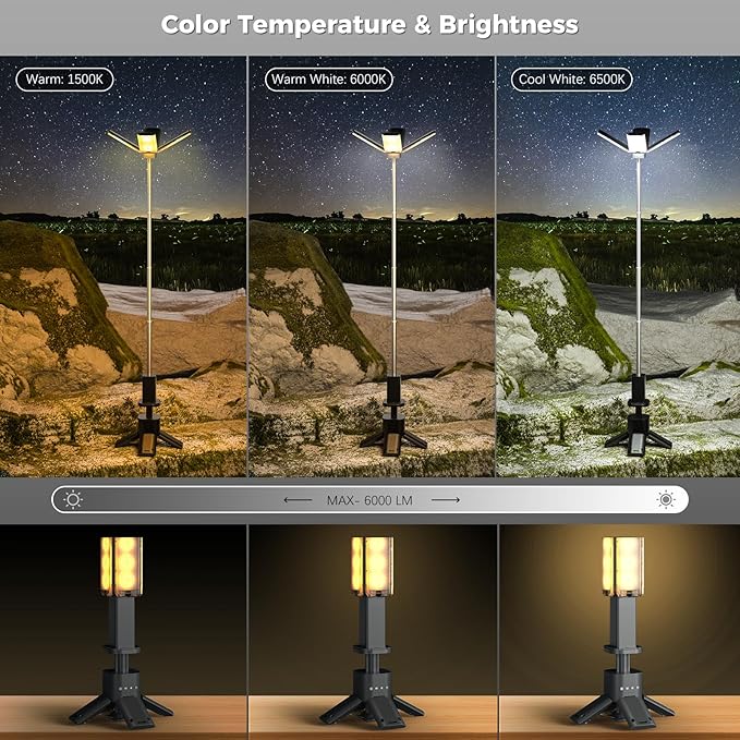 Clemas Telescopic Camping Lights Rechargeable 14000 mAh Led Multifunction Magnetic Lanterns Job Site Lighting Cordless Dimmable Camping Tent Lamp Portable Power Supply 6000LM IPX5 Waterproof