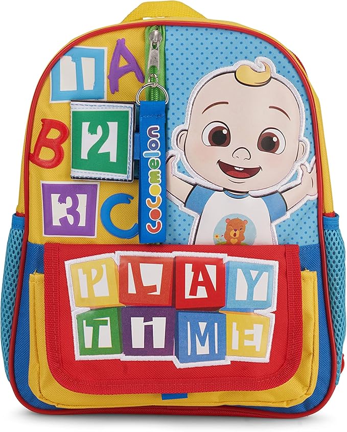 AI ACCESSORY INNOVATIONS Cocomelon JJ's Playtime Interactive Mini Backpack for Boys and Girls, Pre school Schoolbag with Padded Back and Adjustable Straps, Versatile 12 inch