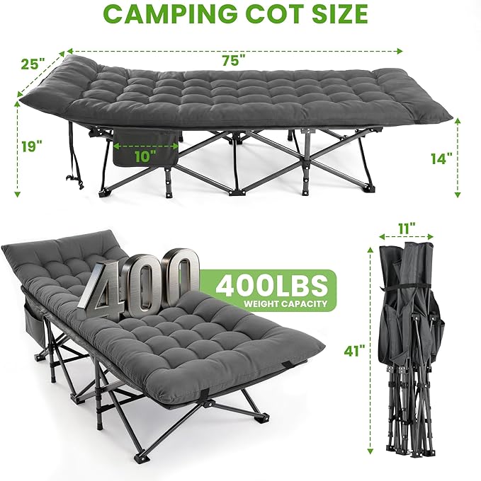 Camping Cot, Folding Camp Cot for Adults, Portable Outdoor Cot with Carry Bag & Mattress, Fast Setup, Lightweight Compact Bed for Travel, Home Office Nap (Grey)