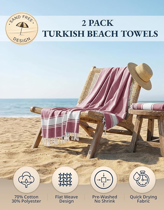 LANE LINEN Beach Towel 2 Pack - Beach Towels Oversized, Pre-Washed Large Beach Towels, Sandless Beach Towel, Quick Dry Travel Towel, Large Pool Towels, 39"x71" - Cashmere Rose