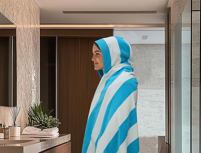 COTTON CRAFT Hooded Beach Towel - Oversized XXL 35x84 Towel with Hood for Adults - The Big Kahuna 7 Foot Beach Blanket Towel - Big & Tall Soft 100% Cotton Velour - Pool Bath Wrap - Cabana Stripe Aqua
