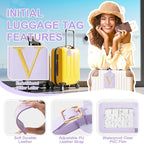 Personalized Initial Luggage Tags for Suitcase, Purple Leather Cute Luggage Tags with Privacy Cover Name Card, Embroidered Custom Monogrammed Luggage Tag Travel Backpack Tags Gifts for Women Kids(V)