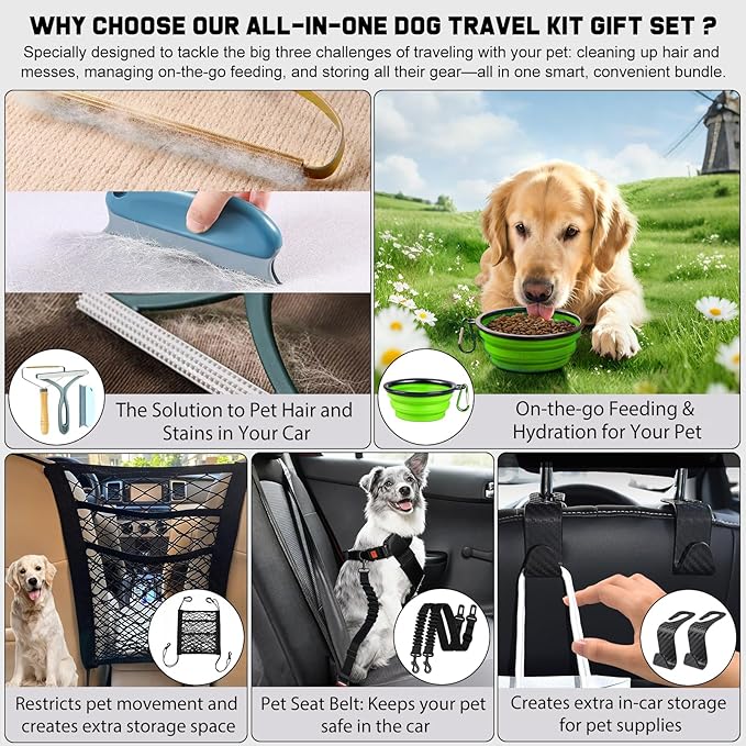 Dog Car Travel Kit – 9 in 1 Gift Set with 2 Pet Seat Belts, Car Net Barrier, 3 Pet Hair Remover, Collapsible Water Bowl & 2 Headrest Hooks – Dog Travel Essentials for Sedan SUV & Truck Vehicle