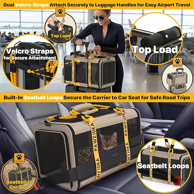 PAWZIDEA Expandable Pet Carrier Airline Approved, 18"×11"×11" Small Dog Carriers, Collapsible Top-Load Cat Carrier for 2 Cats Under Seat, Soft-Sided Puppy & Animal Travel Bag, ID Card, Up to 15lbs