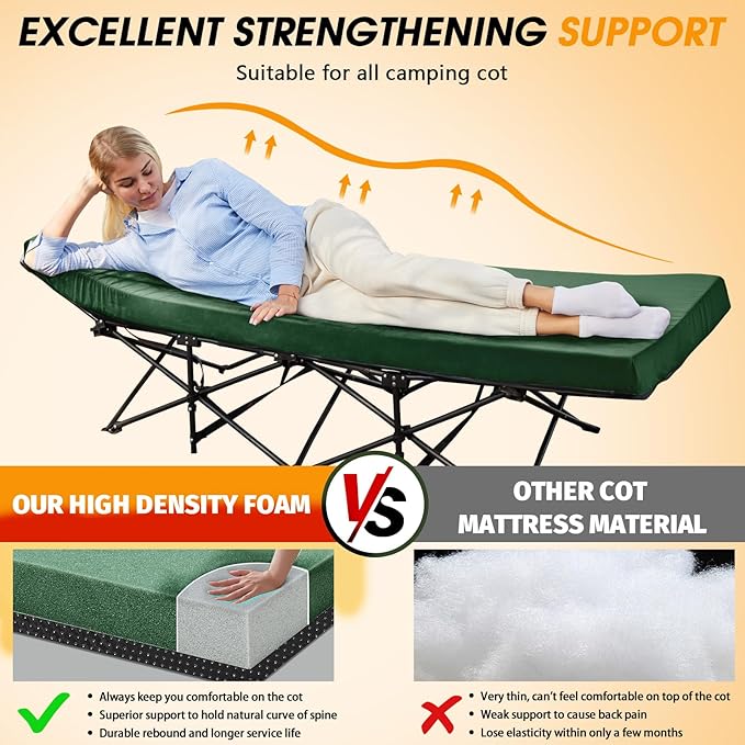 CYMULA Camping Cot Mattress 2in Memory Foam Sleeping Pad,Soft Warm Non-Slip Camping Mattress Topper with Retaining for Adults,Portable Roll up Pad for Travel（only Mattress）