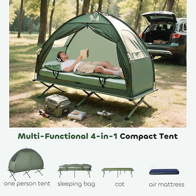 Outsunny Camping Tent Cot, Folding Tent Cot Combo with Mattress, Pillow, Sleeping Bag, Roller Carrying Bag, Off Ground Travel Camp Cot for Hiking, Backpacking