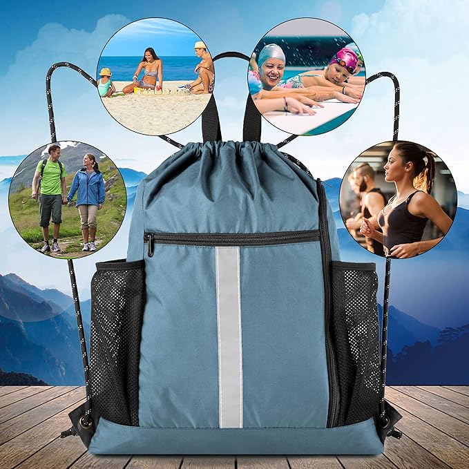 BeeGreen Blue Sport Cinch Bag String Backpack with Shoe Compartment and Two Side Mesh Pockets Machine Washable Sturdy Gymsack Drawstring Sackpack