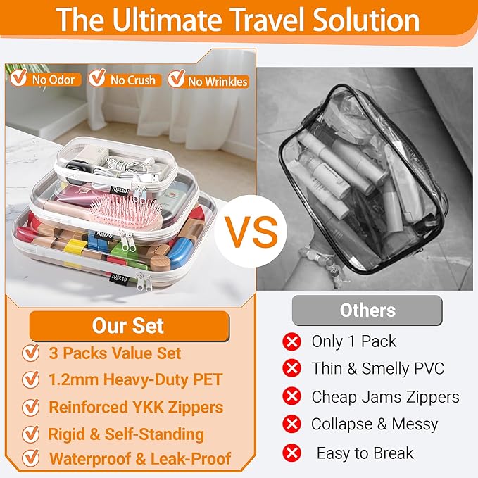 YQBRAO 3-Pack Clear Hard Shell Zipper Case, 1.2mm Heavy-Duty Crush-Proof Makeup Bag, Multi-Size Set (L+M+S) for Diaper Bag Organizer, Toys, Art Supplies & TSA Approved Clear Zipper Pouches