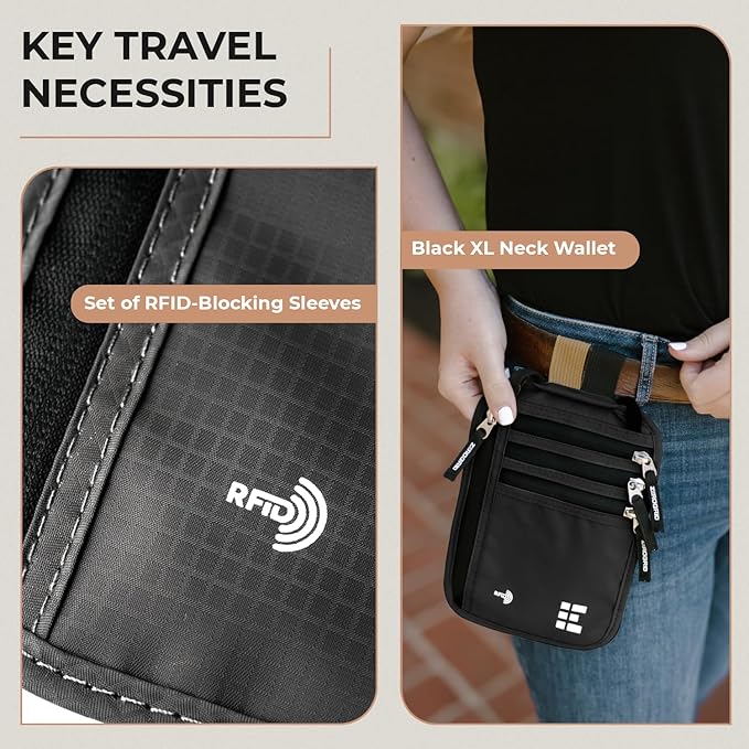 Neck Wallet for Travel & Passport Holder with RFID Blocking - Slim & Easy to Conceal Nylon Travel Pouch for men & women - Holds Phone, Cash, Cards, Keys - Sweat & Water Resistant - XLarge - Black