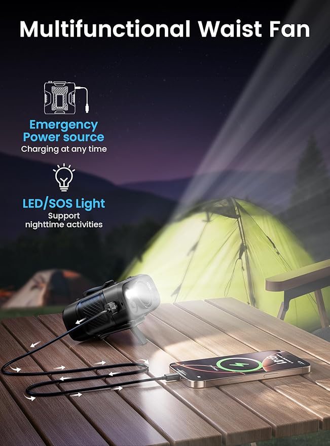 Koonie Portable Waist Clip Fan, Personal Fan with 100 Speed Levels, Belt Cool Clip on Pants with 13500 RPM Strong Airflow, Rechargeable Battery, 24H Use Time, Under Shirt for Outdoor Work, Black