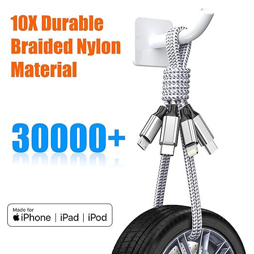 Multi Charging Cable 4ft 3Pack 3 in 1 Charger Cord, Multiple Usb C Port Rapid Nylon Braided Cable USB Charging Cable Multi Phone Charger Cord with Type C Micro Lightning USB Connectors for Cell Phones