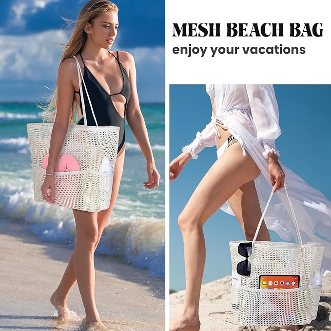 Iioscre Beach Bag for Women, Causal Hobo Pool Bags with Zipper Inner Pocket, Foldable Swim Tote Bag for Vacation Essentials