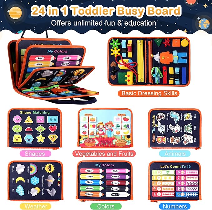 Toddler Busy Board Montessori Toys: for Toddlers 1-3 Year Old Educational Activity Book Sensory Board Travel Toy Ages 2-4 Learning Fine Motor Skills Preschool Quiet Book Gift for Boys Girls Kids