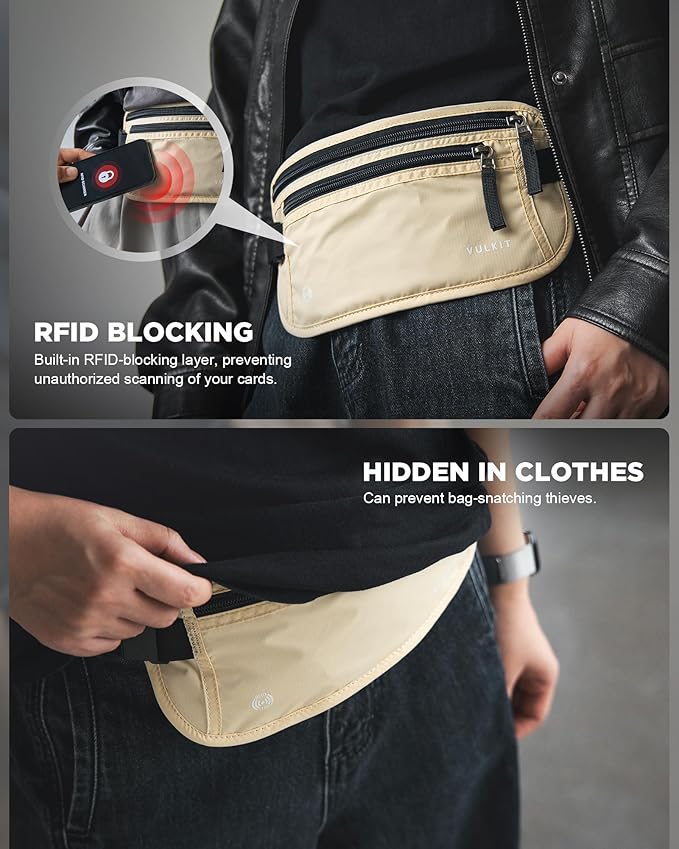 VULKIT Money Belt for Travel, Hidden Passport Holder, Anti-Theft Travel Wallet Under Clothes, RFID Blocking Waist Pouch, Undercover Fanny Pack, Cream White