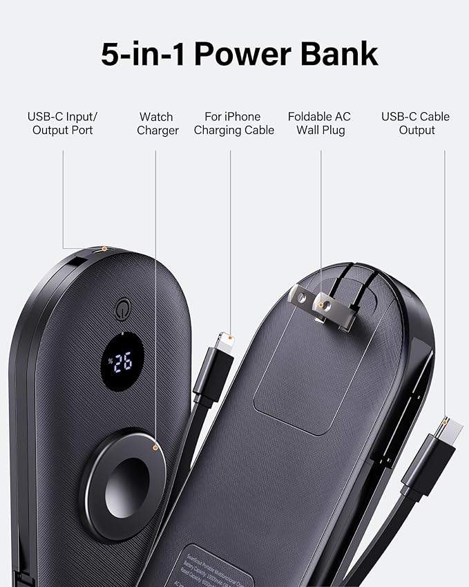 10000mAh Power Bank for iPhone 17 Pro/17/Air/16/15, Portable Charger for Apple Watch, for AirPods, iPad, Beats Studio Pro and More Phones, Tablets, Headphones, Built-in AC Wall Plug and Cables