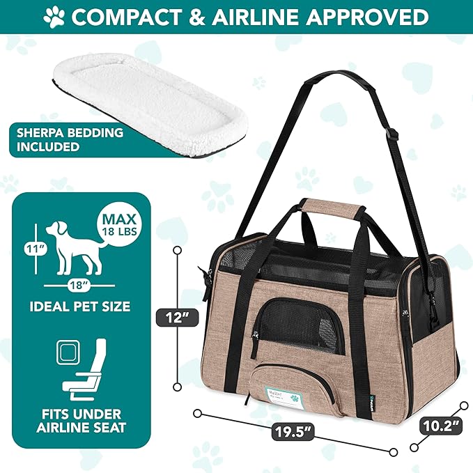 PetAmi Airline Approved Pet Carrier for Cats & Small Dogs, Soft Sided TSA Travel Carrier Bag with Sherpa Bed, Breathable Mesh Ventilation, Collapsible Bowl, Up to 18 lbs, Large Heather Taupe