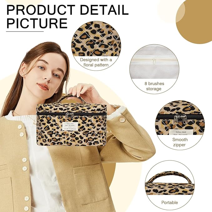 Gosect 1pc Large Makeup Bag, Cute Cosmetic Bag for Women Girls, Floral Coquette Aesthetic Toiletry Bag, Travel Make Up Organizer Bag (Leopard Print)