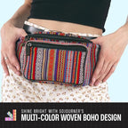 Boho Fanny Pack Belt bag - Crossbody Waist Bag for Men or Women - Hands-Free, Waterproof Large Bumbag for Hiking, Running, and Travel (Blue Vert)