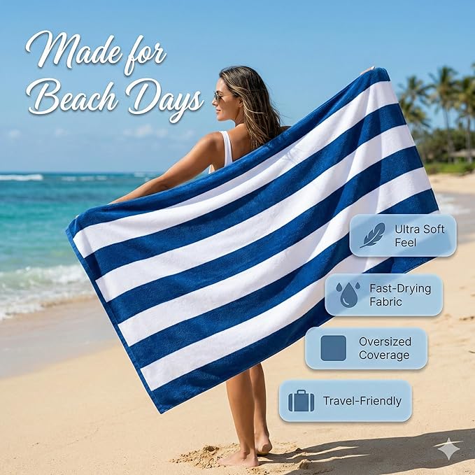 Velour Cabana Beach Towel 4 Pack, 30” x 60” Soft Plush Cotton Pool Towel, Absorbent Quick Dry Travel Towel for Beach, Pool, Spa (Classic Navy)