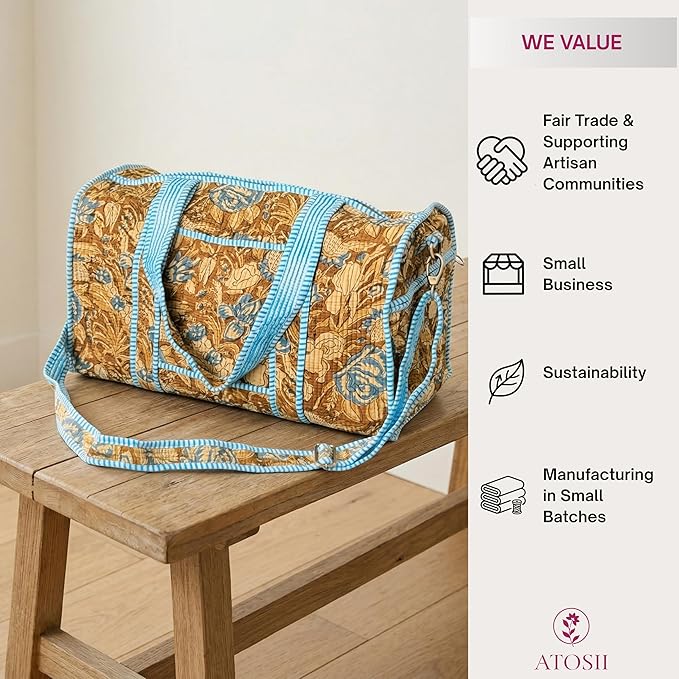 ATOSII Large Duffle Bag, Handblock Print 100% Quilted Cotton for Overnight Trip, Travel Weekender, Luggage, 2 Pockets with Zipper, 1 Front Pocket, Detachable Long Strap, 20 X 10 X 12 Inches, Sienna