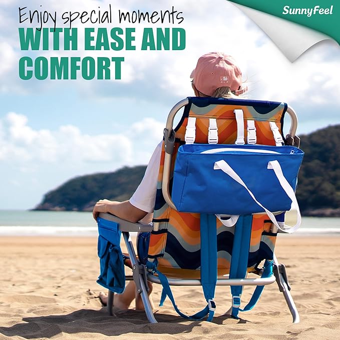 SUNNYFEEL Low Beach Chair, 5-Position Lay Flat Reclining, Backpack Portable Folding Chair with Cooler Bag & Cup Holder, Heavy Duty 350 LBS, Compact for Beach, Camping, Travel