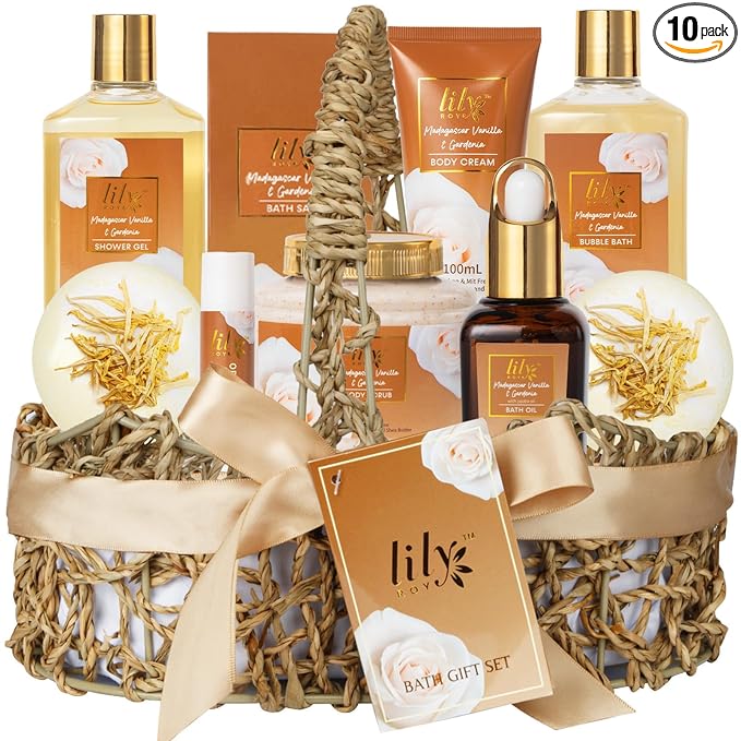Mothers Day Gift Basket for Mom, Gifts for Women - 10-Piece Vanilla Bath and Body Gift Set for Women, Spa Gift Basket for Women, Spa Kit, Self Care Kit | Gifts for Valentines Day, Birthday, Christmas