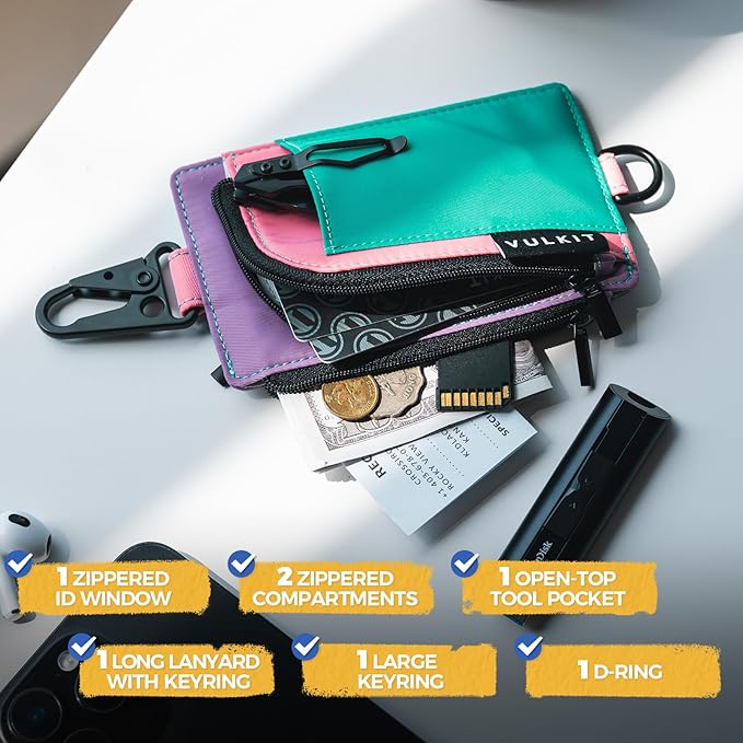 VULKIT Water-Resistant Keychain Wallet with Lanyard for Men and Women, Outdoor Zipper Pouch Wallet with Clear ID Window, for Hiking, Fishing, Skateboard and any Outdoor Activities, Blush Meadow