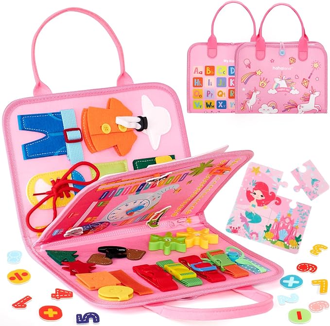 hahaland Busy Board for Toddlers Boys Girls Montessori Toys for 3+ Year Old Preschool Educational Learning Activities Toddler Travel Toys for Ages 3 4 5 with Life Skill Number Color Weather
