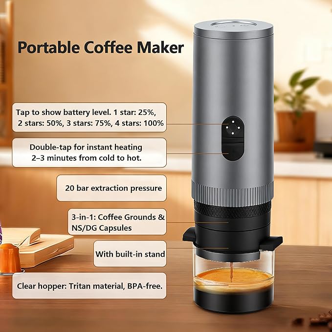 3-in-1 Portable Espresso Machine with Self-Heating, 20 BAR Pressure, 7800mAh Battery – Compact Travel Coffee Maker for Capsules, Ground Coffee & Iced Brew, Perfect for Camping, Hiking, Office
