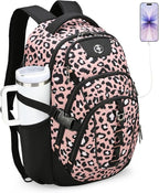 Swissdigital Laptop Backpack with USB Charging Port, Travel Backpack Fits 15.6 inches Computer, 31L Backpack for Women, Pink Leopard | SD803-102