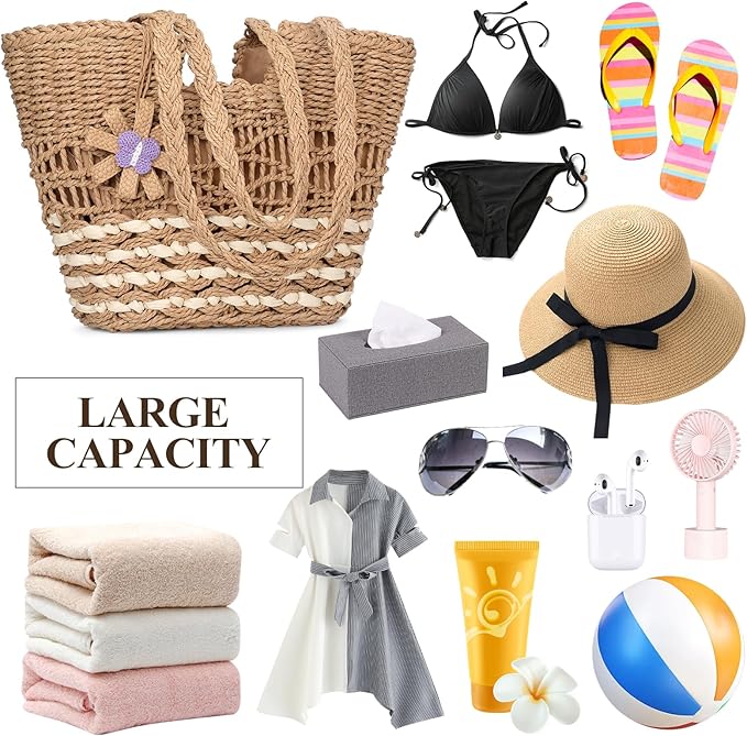 Trifabricy Beach Bags for Women, Summer Straw Bag, Woven Straw Beach Tote Bag Shoulder Handbags
