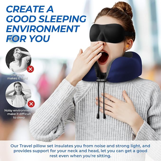 ExploreBliss Travel Pillow, Travel Pillows for Sleeping Airplane, Neck Pillow Airplane, Memory Foam Neck Pillow Set with Eye Mask, Earplugs and Storage Bag -Blue