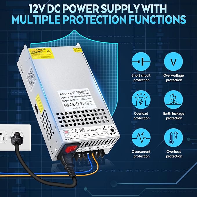 Upgraded 12V Power Supply, 110v to 12v Converter, 1200W 100A Transformer, with Power Cord and Safety Switch, AC to DC Converter for 3D Printer, Led Strip, Motor Pump, CCTV