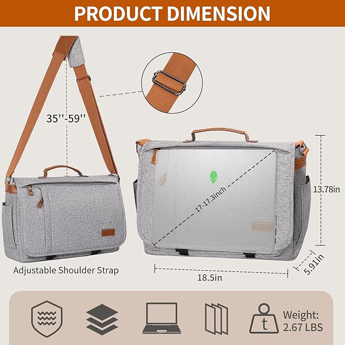 ESTARER Messenger Bag 17-17.3 Inch, Men's Computer Bag Water-resistant Canvas, Laptop Shoulder Bag for Travel Work College, Light Grey