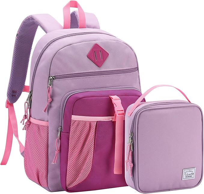 VASCHY Kids Backpack Lunch Bag Set, 2-1 School Bookbag Insulated Lunch Box for Toddlers,Preschool,Daycare,Kindergarten,Elementary School Pink