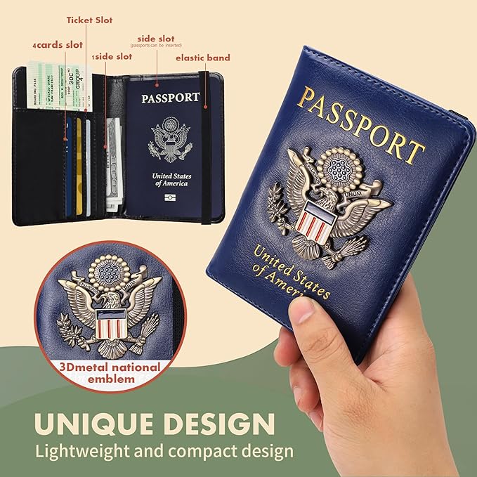 Passport Holder Cover Travel Wallet RFID Blocking Leather Family Passport Organization Personalized Wallet for Men or Women (Blue)