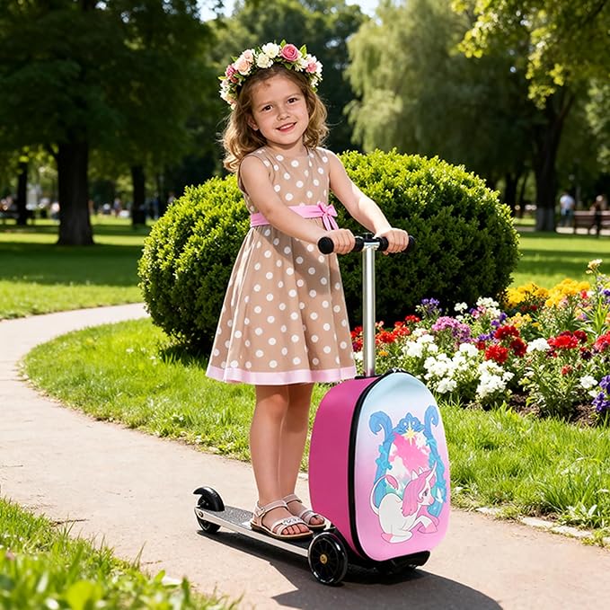 Scooter Suitcase for Kids, Ride on Luggage for Girls Aged 3-8, Scooter Luggage with LED Wheels