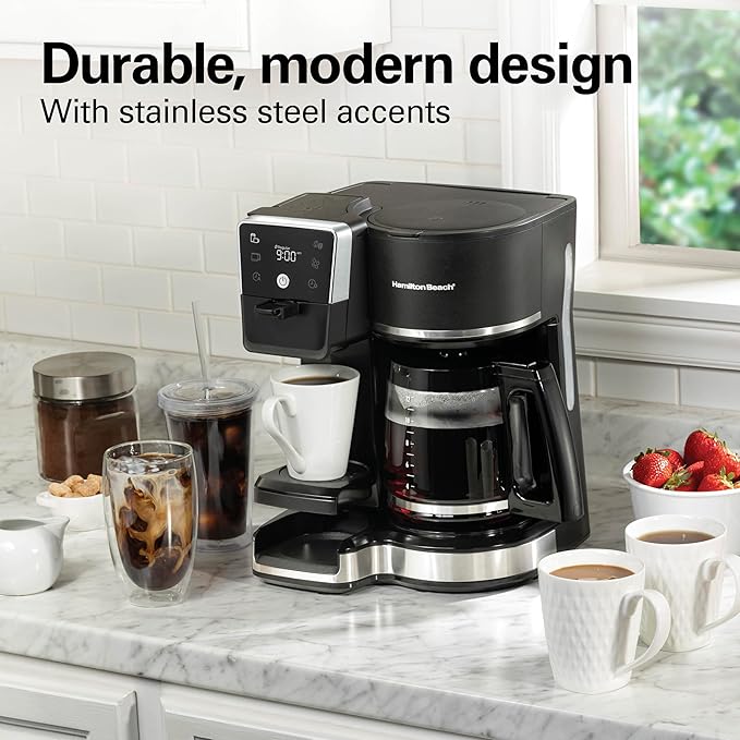 Hamilton Beach 2-Way 12 Cup Programmable Drip Hot and Iced Coffee Maker & Single Serve Coffee Machine, AquaFlow Showerhead, Glass Carafe, Auto Pause and Pour, Black (47500J)