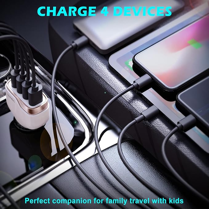 SUNDA 48W/9.6A USB Fast Car Charger, 4-Ports Car Charger Adapter for Apple and Android Smart-Phones, Car Phone Smart Charger Compatible with iPhone17/16 Pro/Max/iPhone 15/Pad Pro/Galaxy/Samsung