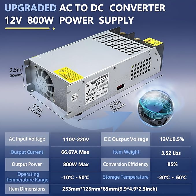 New Upgraded DIY SMPS 110V AC to DC 12V 66A 800W Power Supply,12v Power Supply,110v to 12V Converter Voltage Transformer for Motor Pump CCTV 3D Printer Air Compressor Led (12V-66Amp-800W, 12V)