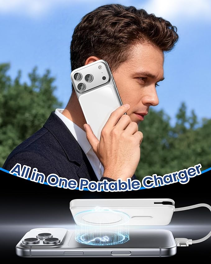golioklsy Portable Charger Power Bank, 10000mAh Phone Charger with Built-in Cable, 20W PD Fast Charging, Slim Battery Pack with LED Display, Travel Essential for iPhone 17/16/15/14 All Series, White