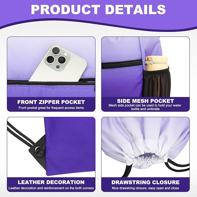 HOLYLUCK Men & Women Outdoor Sport Gym Sack Waterproof Drawstring Backpack Bag (Standard with drawstring, Gradient Purple)