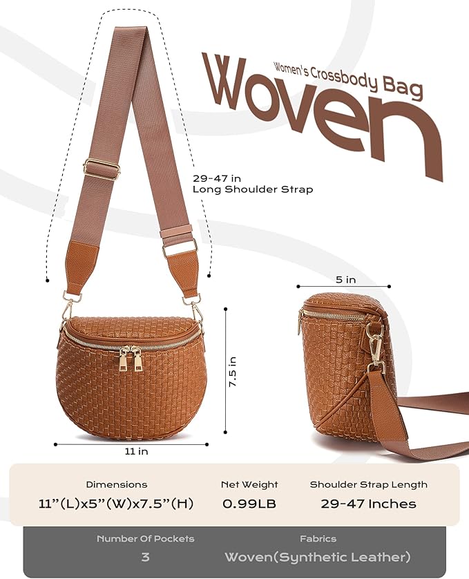 Trendy Woven Checkered Crossbody Bum Bag for Women，PU Leather Checkered Purse Fanny Packs Belt Bag (Woven Bum Bag - Pure Brown)