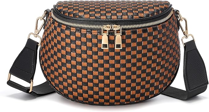 Trendy Woven Checkered Crossbody Bum Bag for Women，PU Leather Checkered Purse Fanny Packs Belt Bag (Woven Bum Bag - Black-Brown)