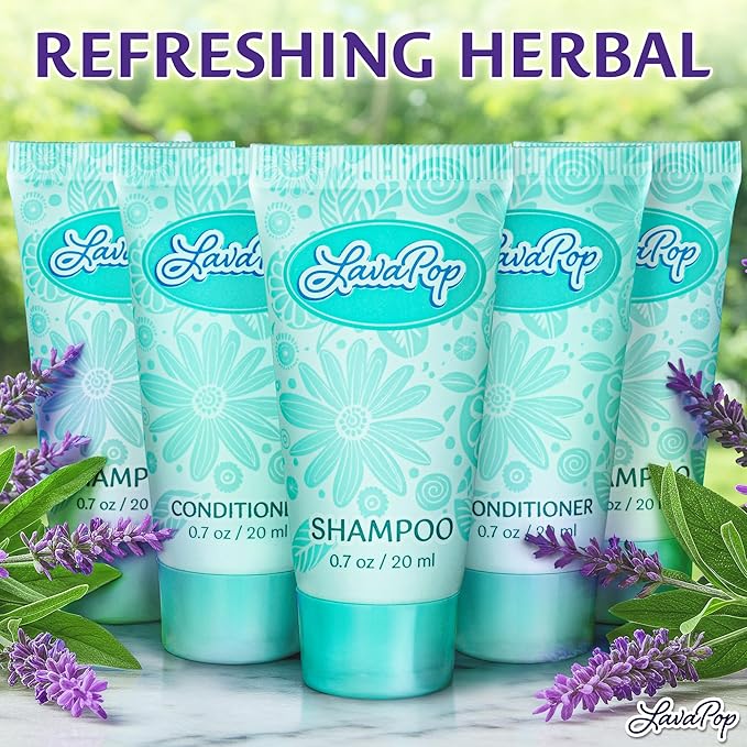 LavaPop - Travel Size Shampoo & Conditioner Set - Iris, Violet & Amber, 0.7 fl oz, 100 Pieces - Bulk Hotel Toiletries for Airbnb, Motels & Guest Rooms