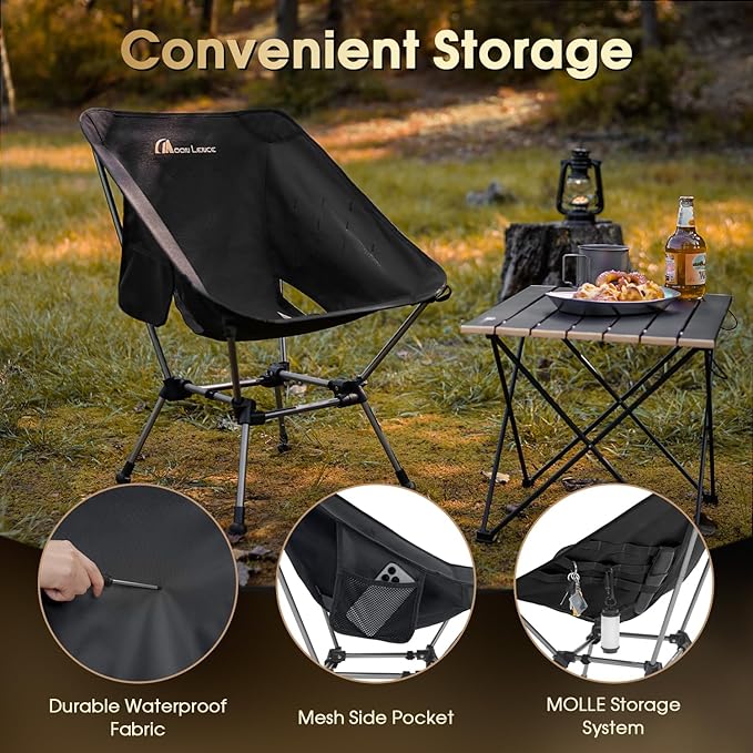 MOON LENCE Portable Camping Chair Plus, Larger & Roomier, Compact and Lightweight Still, Folding Chair for Backpacking & Hiking, 330Lbs Capacity (Black)