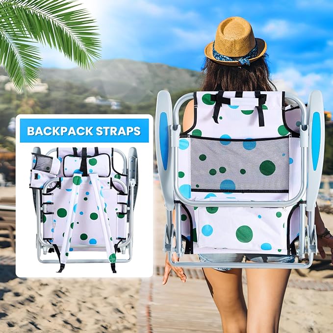 2 Pack Lightweight Portable Camping Beach Chair for Adults, Lay Flat Folding Beach Chairs with 5 Positions, Backpack Beach Chair with Towel Bar, Zipper Pouch, Cup Holder, Geometric Circle