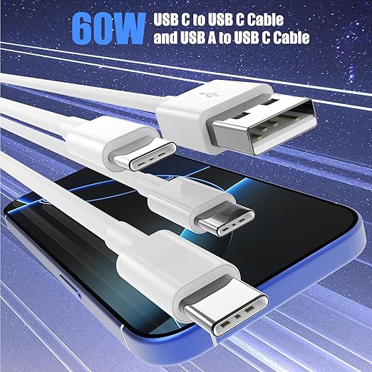 Car Carplay Cable for iPhone 17 16 15, 2-Pack [3.3FT+6FT] 60W USB C to USB C Cable And 2-Pack [3.3FT+6FT] USB A to USB C Cable for iPhone 17 16 15，for Galaxy S25 S24, for iPad, for MacBook and More