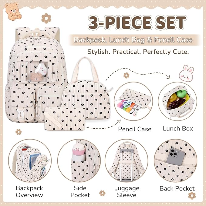 PIG PIG GIRL Corduroy Backpack 3PCS Kids Backpack for Girls School Bags for Middle School Students Book Bag for Elementary Primary Kawaii Ita Backpack with Lunch Box Pencil Case Set, Flower