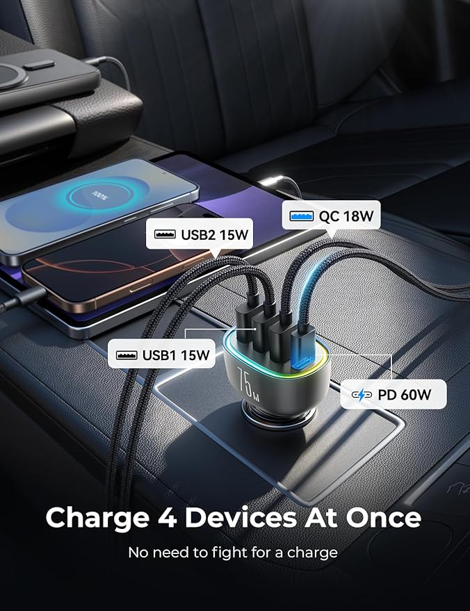 75W Car Charger USB C, 4 Port Super Fast Cigarette Lighter USB Charger, Type C 60W & QC 3.0 Multiport Car Phone Adapter Accessories for iPhone 17/16/15/14/13/12 Pro Samsung S26 Series, Titanium